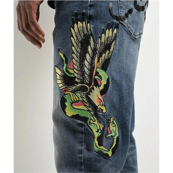 NWT Ed Hardy Eagle Snake Slim Straight Y2K Med Blue Denim Jeans (Men's 36)